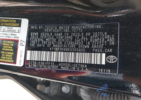 2014 Toyota Camry Se from USA, damaged, VIN 4T1BF1FK6EU355935